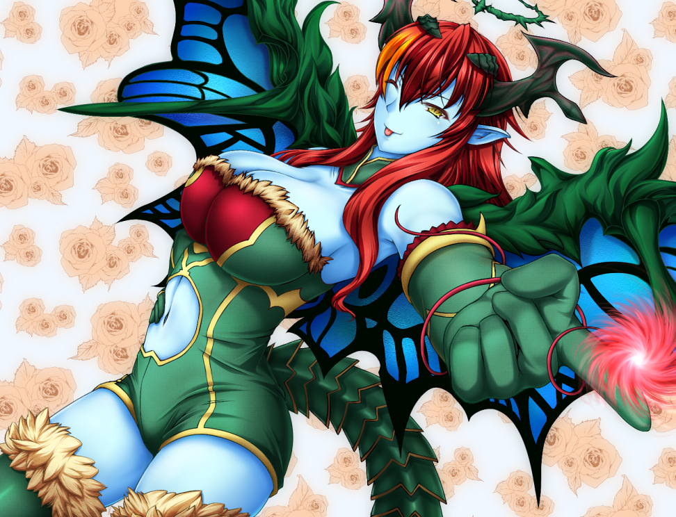 1girl ;p bare_shoulders blue_skin bol_(liliymimi) breasts cleavage demon_girl demon_horns dress elbow_gloves foreshortening gloves green_dress green_legwear hera-ur_(p&amp;d) hera_(p&amp;d) horns large_breasts long_hair looking_at_viewer multicolored_hair navel navel_cutout one_eye_closed orange_hair pointing pointing_at_viewer pointy_ears puzzle_&amp;_dragons redhead smile solo tail thigh-highs tongue tongue_out two-tone_hair yellow_eyes zettai_ryouiki