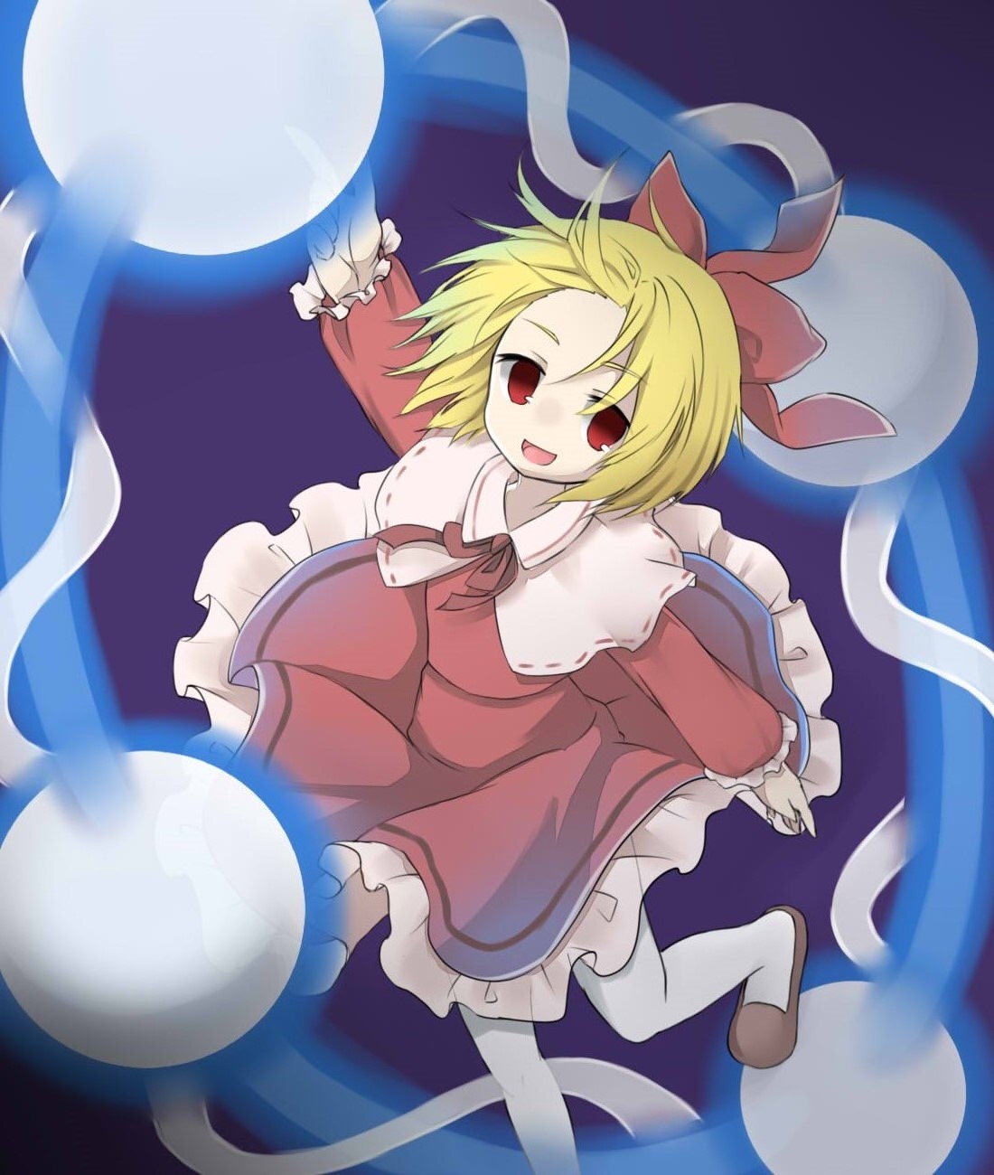 1girl :d bow circle dress ellipsis_(mitei) hair_bow highres leg_up long_sleeves looking_at_viewer no_nose no_pupils open_mouth red_bow red_dress red_eyes red_ribbon ribbon short_hair smile solo touhou touhou_(pc-98) wayousei_(touhou) white_legwear