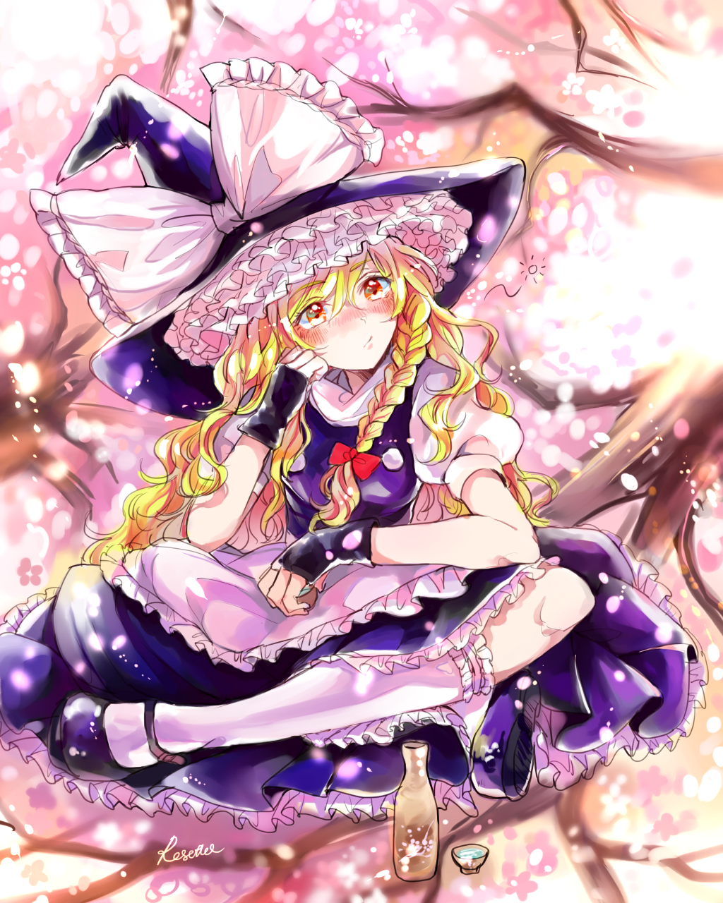 1girl apron black_dress black_gloves blonde_hair blush bottle bow braid cherry_blossoms cup dress fingerless_gloves gloves hat hat_bow highres indian_style kirisame_marisa long_hair puffy_short_sleeves puffy_sleeves rosette_(roze-ko) sake_bottle shirt short_sleeves signature single_braid sitting solo touhou tree very_long_hair waist_apron witch_hat yellow_eyes