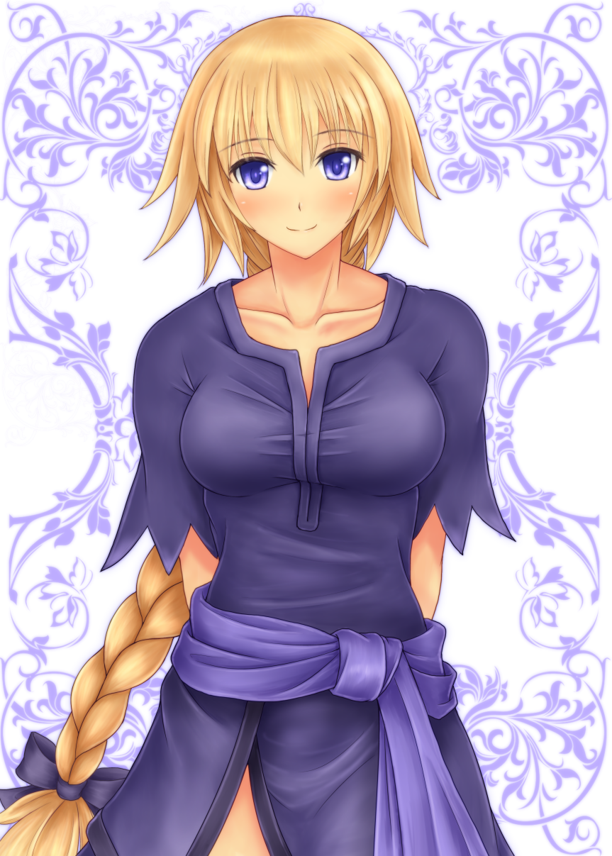 1girl alternate_costume arms_behind_back blonde_hair blue_eyes blush braid breasts collarbone dress fate/apocrypha fate/grand_order fate/stay_night fate_(series) highres hozenkakari jeanne_d'arc large_breasts long_hair looking_at_viewer ruler_(fate/apocrypha) single_braid smile