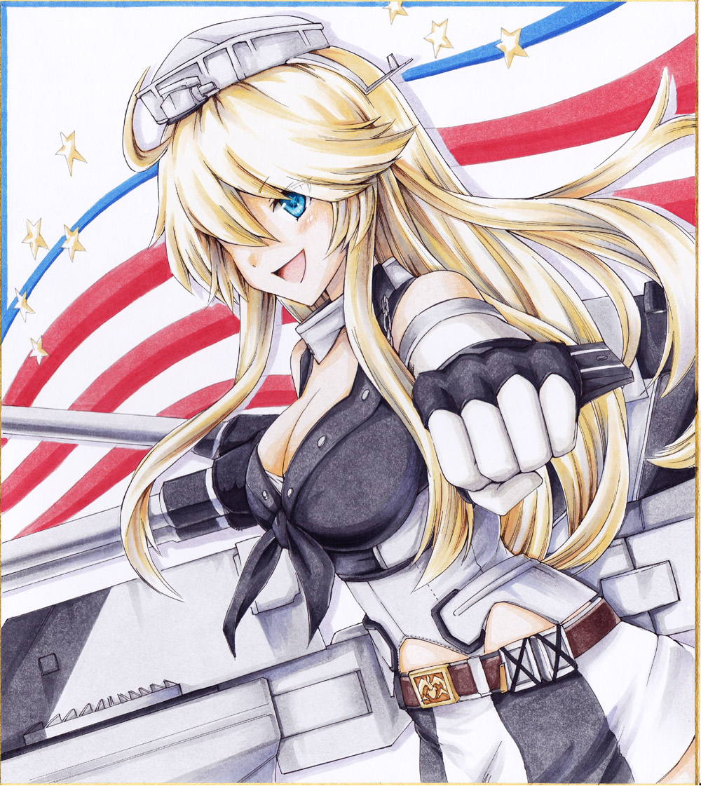&gt;:d 1girl :d blonde_hair blue_eyes breasts cleavage clenched_hand commentary_request detached_sleeves headgear iowa_(kantai_collection) iroha_(nullpo) kantai_collection large_breasts long_hair looking_at_viewer machinery marker_(medium) miniskirt open_mouth skirt smile solo traditional_media turret