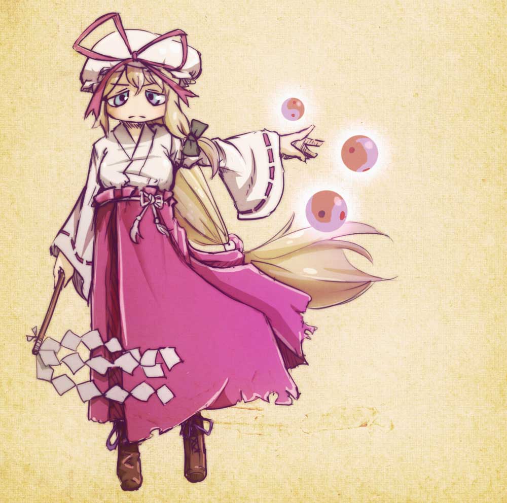 1girl alternate_costume blonde_hair boots bow chamaji commentary_request frown gohei hair_bow hat hat_bow japanese_clothes long_hair long_sleeves looking_at_viewer miko mob_cap outstretched_arm simple_background solo touhou very_long_hair violet_eyes wide_sleeves yakumo_yukari yin_yang