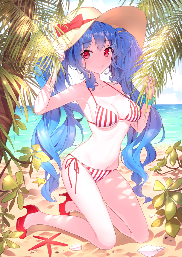 1girl bangle bangs bare_legs beach bikini blue_hair blush bracelet breasts cleavage conch full_body hand_on_headwear hat high_heels holding horizon jewelry kneeling long_hair looking_at_viewer luthica_preventer no_navel no_socks ocean outdoors palm_tree red_eyes red_shoes ronopu seashell shell shoes side-tie_bikini sky smile solo starfish strap_gap sun_hat sunlight swimsuit sword_girls tree twintails vertical-striped_bikini vertical_stripes very_long_hair