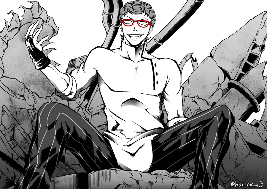 1boy black_gloves curly_hair evil_grin evil_smile fingerless_gloves ghiaccio glasses gloves grin harima13 jojo_no_kimyou_na_bouken male_focus monochrome pants ruins sitting smile solo spot_color striped striped_pants twitter_username