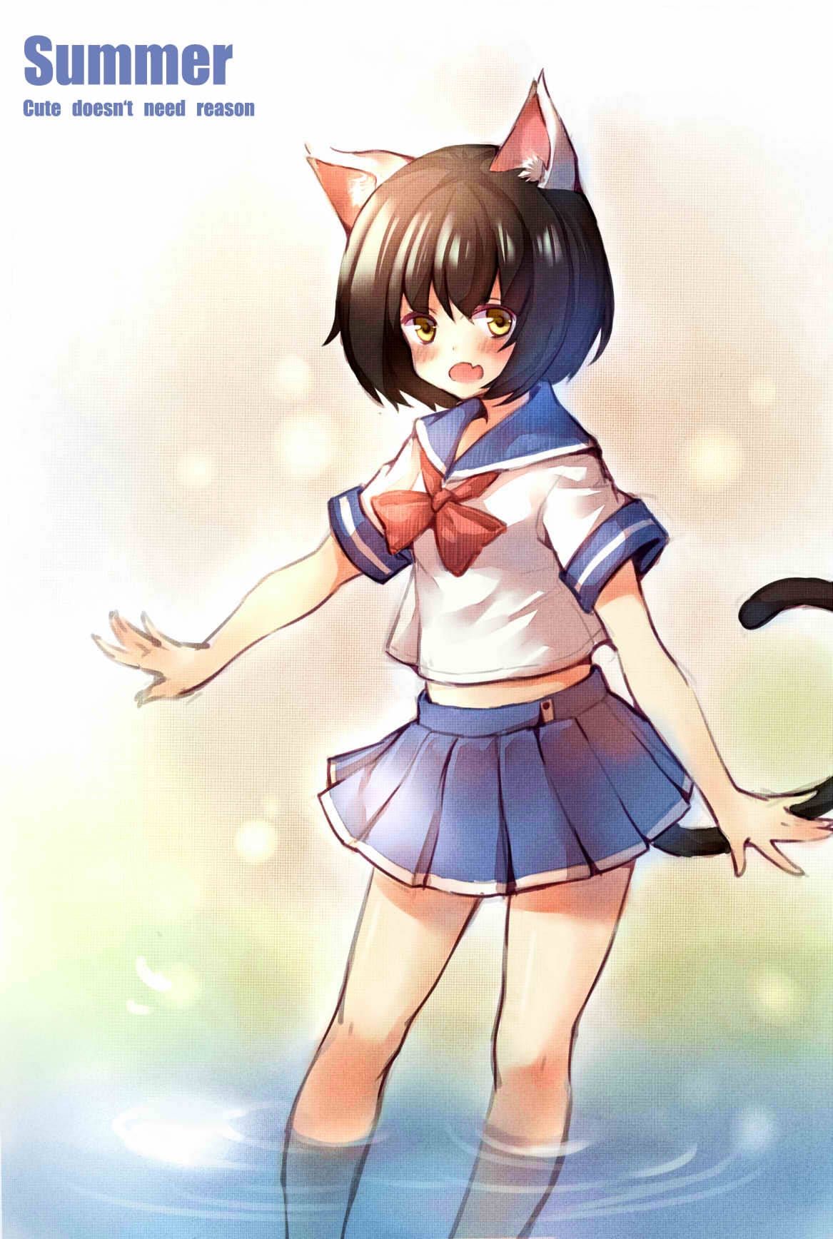 1girl animal_ears black_hair blush brown_eyes cat_ears fang highres legs midriff open_mouth original outstretched_arms school_uniform serafuku shirt short_hair skirt smile solo tail wading water