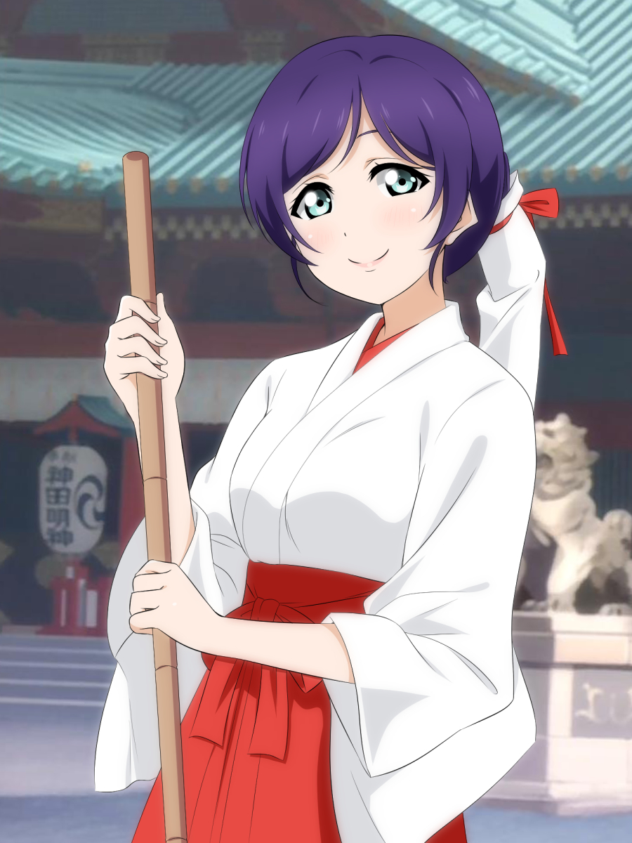 blush green_eyes hakama long_hair love_live!_school_idol_project miko nishikino_maki ponytail sky smile violet_hair