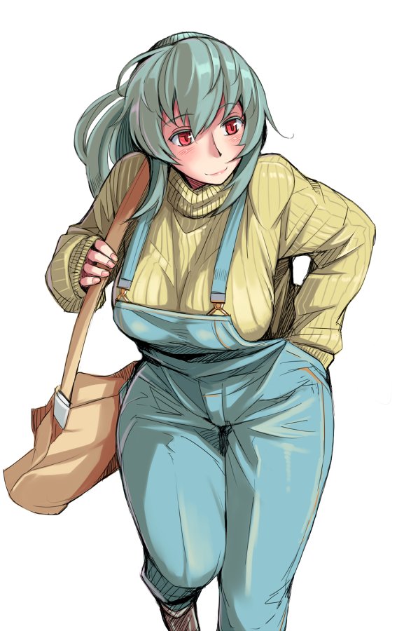 1girl bag blush breasts commentary_request green_hair hand_in_pocket hyougintou large_breasts leaning_forward long_hair looking_away nail_polish original ponytail red_eyes ribbed_sweater rozen_maiden shoulder_bag smile solo suspenders sweater tsuda_nanafushi upper_body white_background