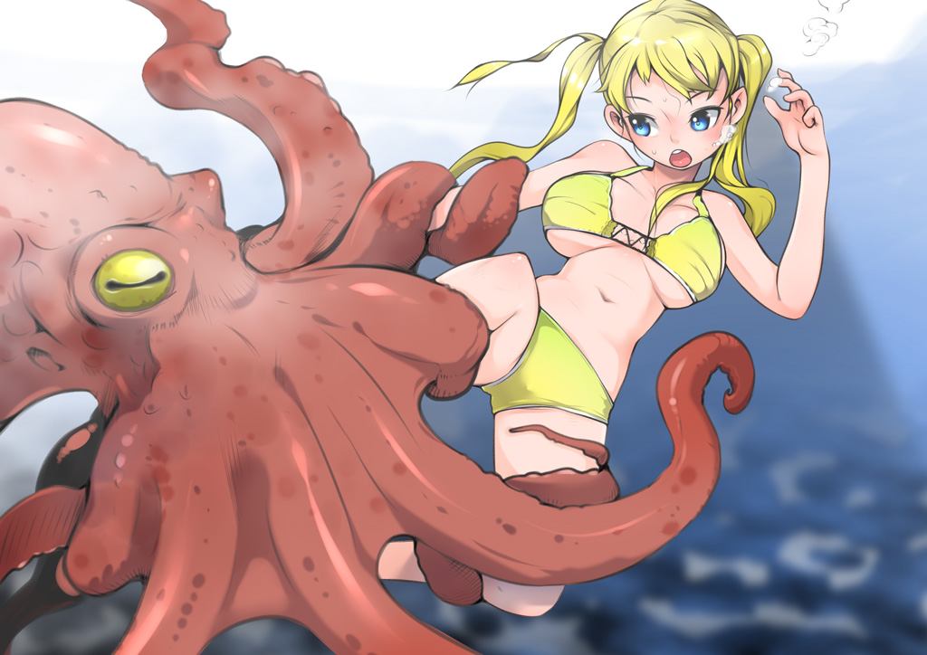 1girl bikini blonde_hair blue_eyes j7w long_hair octopus original restrained solo swimsuit tentacles underwater