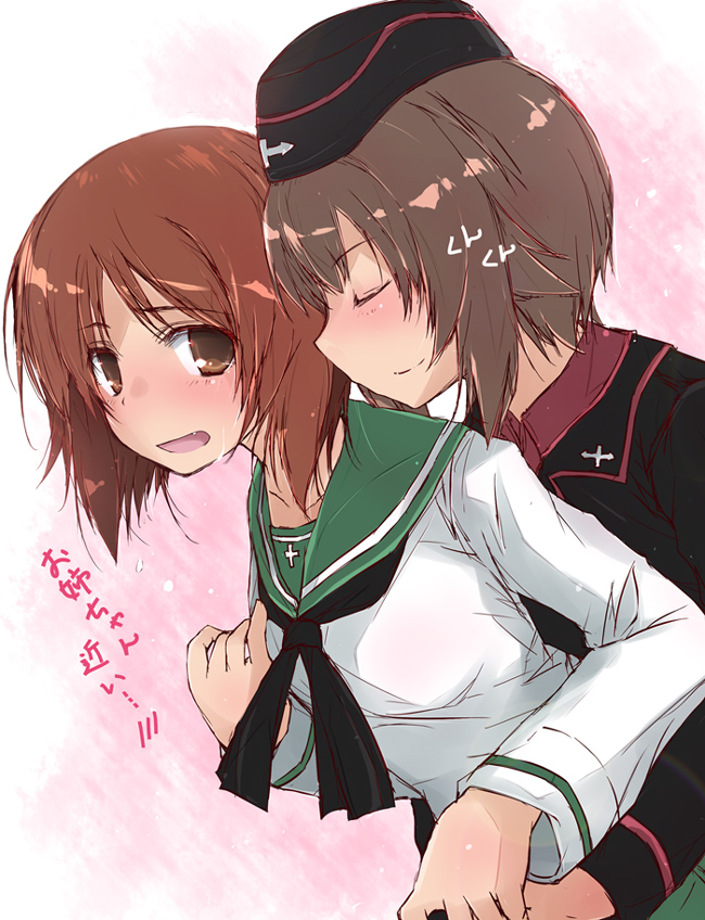 2girls blush closed_eyes girls_und_panzer hug hug_from_behind multiple_girls nishizumi_maho nishizumi_miho siblings sisters smelling sweatdrop tagme translated yumesato_makura