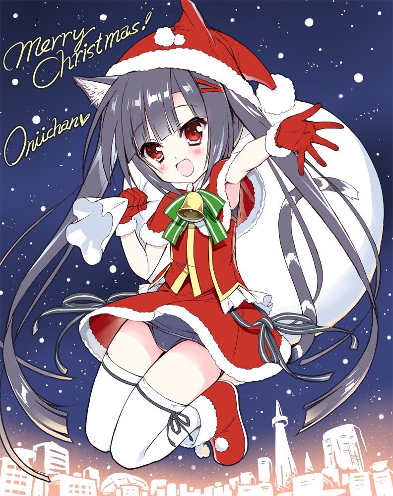 1girl animal_ears armpits bell black_hair blush boots cat_ears christmas dress gloves hair_ornament hairclip hat jumping long_hair open_mouth original outstretched_hand red_eyes sack santa_costume santa_hat school_swimsuit smile snow solo swimsuit swimsuit_under_clothes tail takahashi_tetsuya thigh-highs twintails very_long_hair white_legwear wind wind_lift