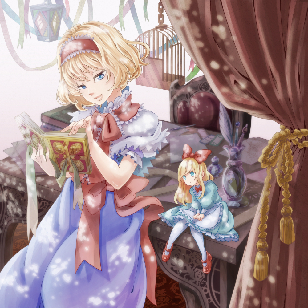 1girl album_cover alice_margatroid birdcage blonde_hair blue_dress blue_eyes book bow cage capelet cover curtains dress glass green_ribbon grimoire hair_bow hairband half-closed_eyes holding holding_book knees_together_feet_apart lantern light_smile marumari minigirl no_nose open_book paper puffy_short_sleeves puffy_sleeves quill red_bow red_ribbon ribbon rope shanghai_doll short_hair short_sleeves sitting solo table touhou vase white_legwear