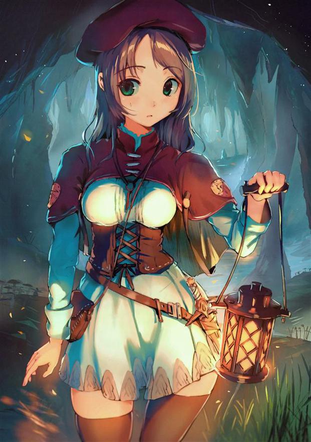 1girl bag bangs beret breasts brown_hair brown_legwear capelet cave corset cowboy_shot cross-laced_clothes dagger dress dress_shirt fantasy grass green_eyes hat holding lantern original parted_lips satchel sheath shirt short_dress shoulder_bag solo thigh-highs under_boob weapon yoshitake