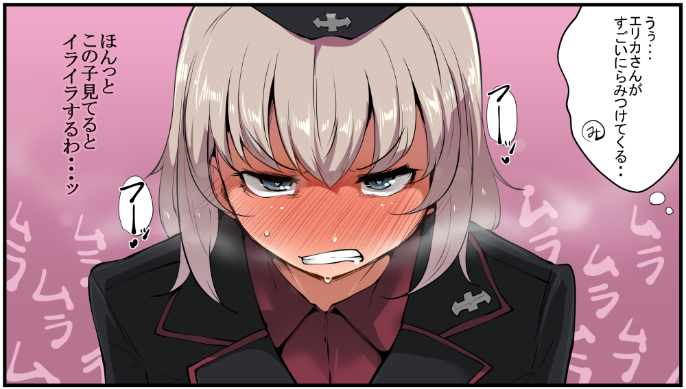 1girl blue_eyes blush clenched_teeth commentary_request full-face_blush girls_und_panzer hat itsumi_erika looking_at_viewer military military_hat military_uniform short_hair silver_hair solo sweat takatoo_kurosuke teeth translation_request uniform
