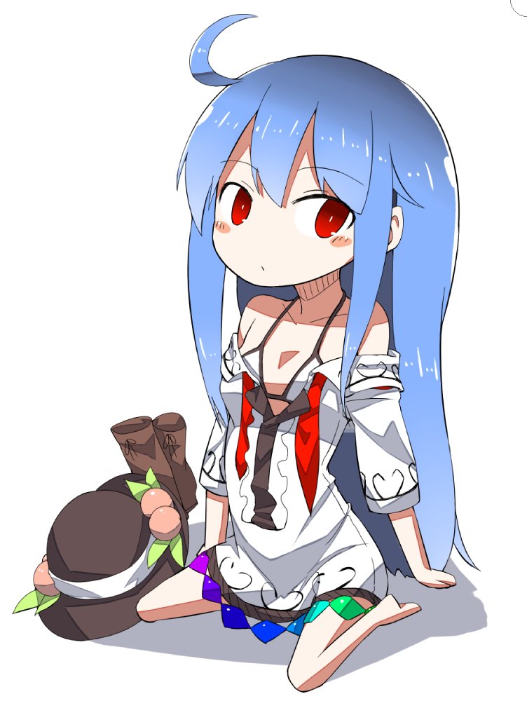 1girl ahoge bare_shoulders barefoot bikini bikini_top blue_hair blush boots boots_removed brown_boots center_frills chibi collarbone flat_chest food fruit full_body hat hat_removed headwear_removed hinanawi_tenshi knee_boots legs_apart long_hair looking_at_viewer necktie neropaso open_clothes open_shirt peach rainbow_order red_eyes red_necktie shirt short_sleeves simple_background sitting solo swimsuit touhou undone_necktie very_long_hair wariza white_background white_bikini white_shirt