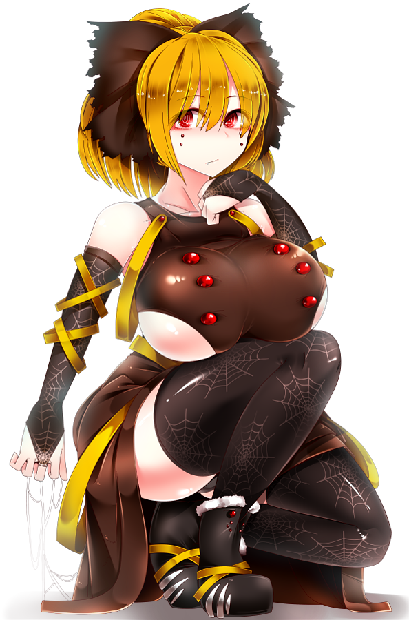 1girl adapted_costume black_boots black_legwear blonde_hair boots bow breasts bridal_gauntlets brown_dress collarbone dress expressionless fang_out full_body fur_trim hair_between_eyes hair_bow hand_up kaboom_(bunsyakaboom) kurodani_yamame large_breasts looking_at_viewer panties pantyshot pantyshot_(squatting) ponytail red_eyes ribbon shiny shiny_clothes shiny_hair shiny_skin short_hair silk simple_background solo spider_web spider_web_print squatting thigh-highs thighs touhou under_boob underwear white_background