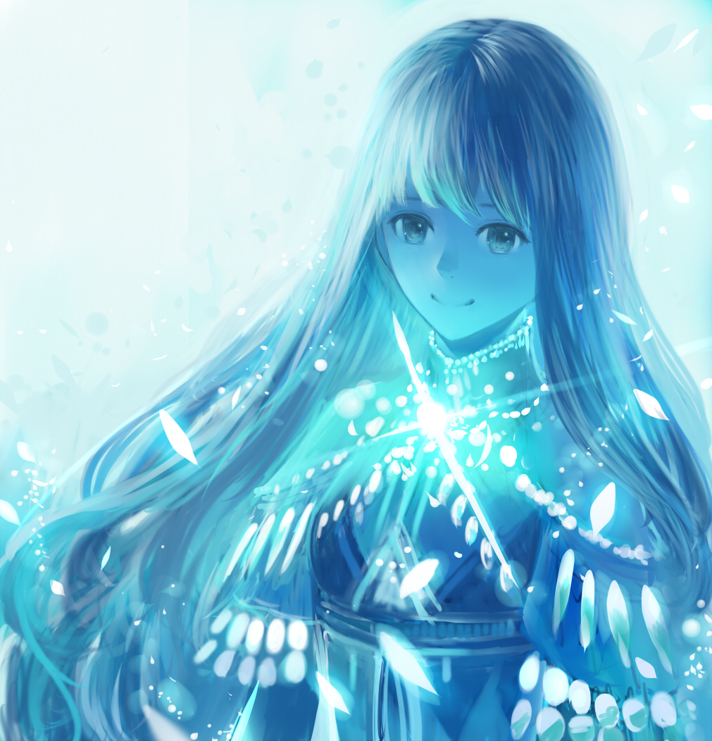 1girl blue light_particles long_hair original petals sakimori_(hououbds) smile