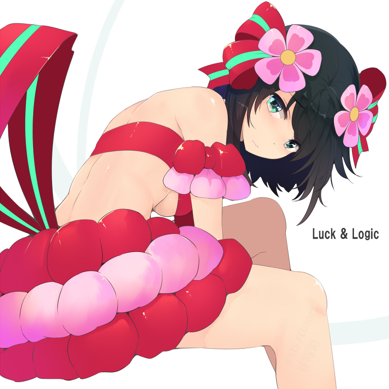 1girl aqua_eyes arm_ribbon bare_shoulders black_hair breasts character_request copyright_name flower hair_flower hair_ornament hair_ribbon leaning_forward luck_&amp;_logic ribbon short_hair simple_background sitting skirt solo sts under_boob white_background