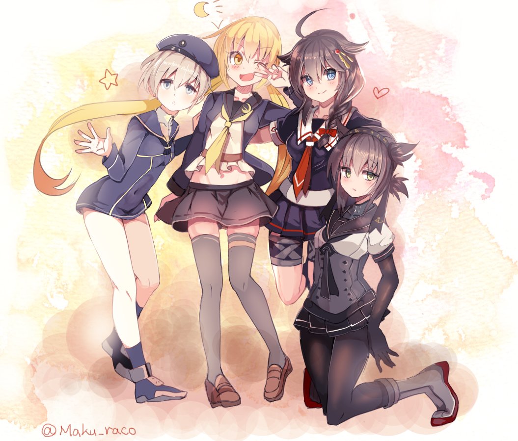 4girls ;d ahoge anchor_symbol black_serafuku black_skirt blonde_hair braid brown_hair cis_(carcharias) closed_mouth commentary_request crescent_moon hair_flaps hair_ornament hair_over_shoulder hat hatsuzuki_(kantai_collection) heart kantai_collection long_hair long_sleeves moon multiple_girls necktie one_eye_closed open_mouth pleated_skirt remodel_(kantai_collection) satsuki_(kantai_collection) school_uniform serafuku shigure_(kantai_collection) short_hair short_sleeves single_braid skirt smile twitter_username z1_leberecht_maass_(kantai_collection)