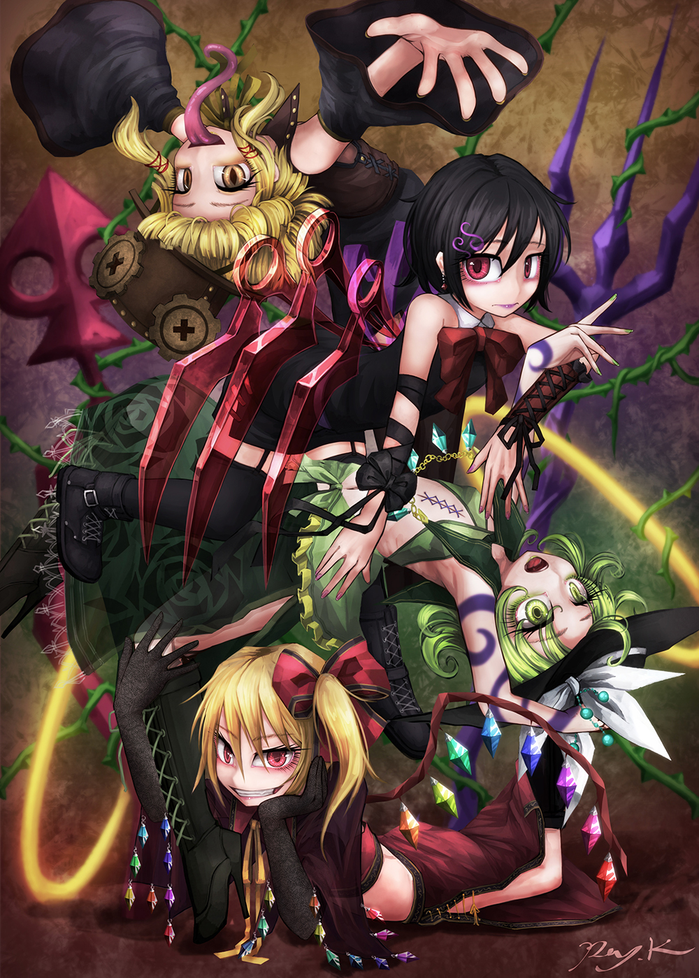 4girls adapted_costume alternate_costume arched_back ascot asymmetrical_wings black_gloves black_hair black_hat black_legwear blonde_hair boots bow capelet chain chin_rest cross-laced_footwear crystal earrings elbow_gloves eyelashes eyeshadow fang flandre_scarlet frilled_skirt frills garter_straps gears gloves green_lipstick green_skirt grin hair_bow hair_ornament hair_ribbon hat hat_bow high_heels highres houjuu_nue jewelry komeiji_koishi lace-up_boots leg_grab legs_up lipstick long_sleeves long_tongue looking_at_viewer lying makeup moriya_suwako multiple_girls neckerchief no_hat on_stomach outstretched_arms plant polearm purple_lipstick ray-k red_bow red_eyes red_lipstick red_ribbon ribbon short_hair side_ponytail signature skirt skirt_set slit_pupils smile spread_arms stiletto_heels tattoo teeth thigh-highs tongue touhou trident vines weapon white_bow wide_sleeves wings yellow_lipstick