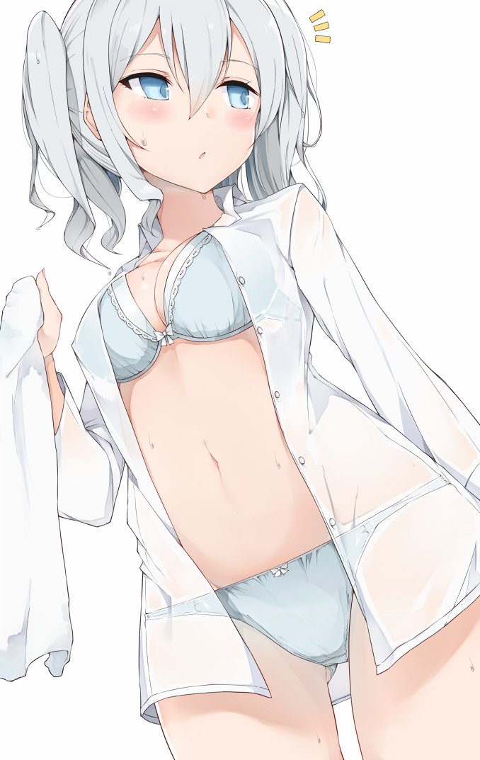 1girl :o ass_visible_through_thighs blue_eyes blush bow bow_panties bra breasts buttons cole cowboy_shot kantai_collection kashima_(kantai_collection) looking_away navel open_clothes open_shirt panties shirt silver_hair simple_background solo standing towel twintails underwear wet white_background white_shirt
