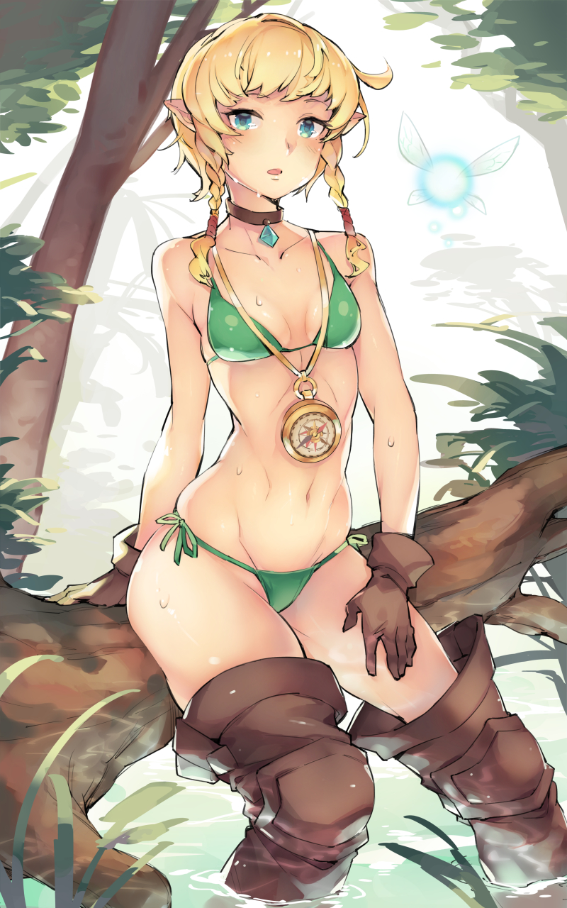 1girl boots female gebyy-terar highres linkle looking_at_viewer pond sitting the_legend_of_zelda thigh-highs thigh_boots water zelda_musou