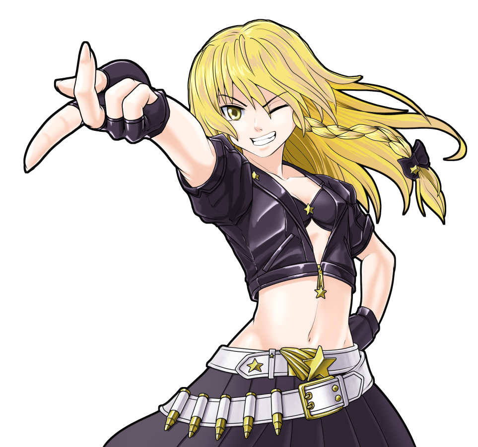 1girl alternate_costume black_bra black_gloves black_jacket black_skirt blonde_hair bow bra braid bullet cowboy_shot cropped_jacket fingerless_gloves gloves grin hair_bow hand_on_hip jacket kirisame_marisa long_hair looking_at_viewer midriff navel one_eye_closed outline pleated_skirt pointing raybar simple_background single_braid skirt smile solo star stomach touhou underwear white_background white_belt yellow_eyes zipper