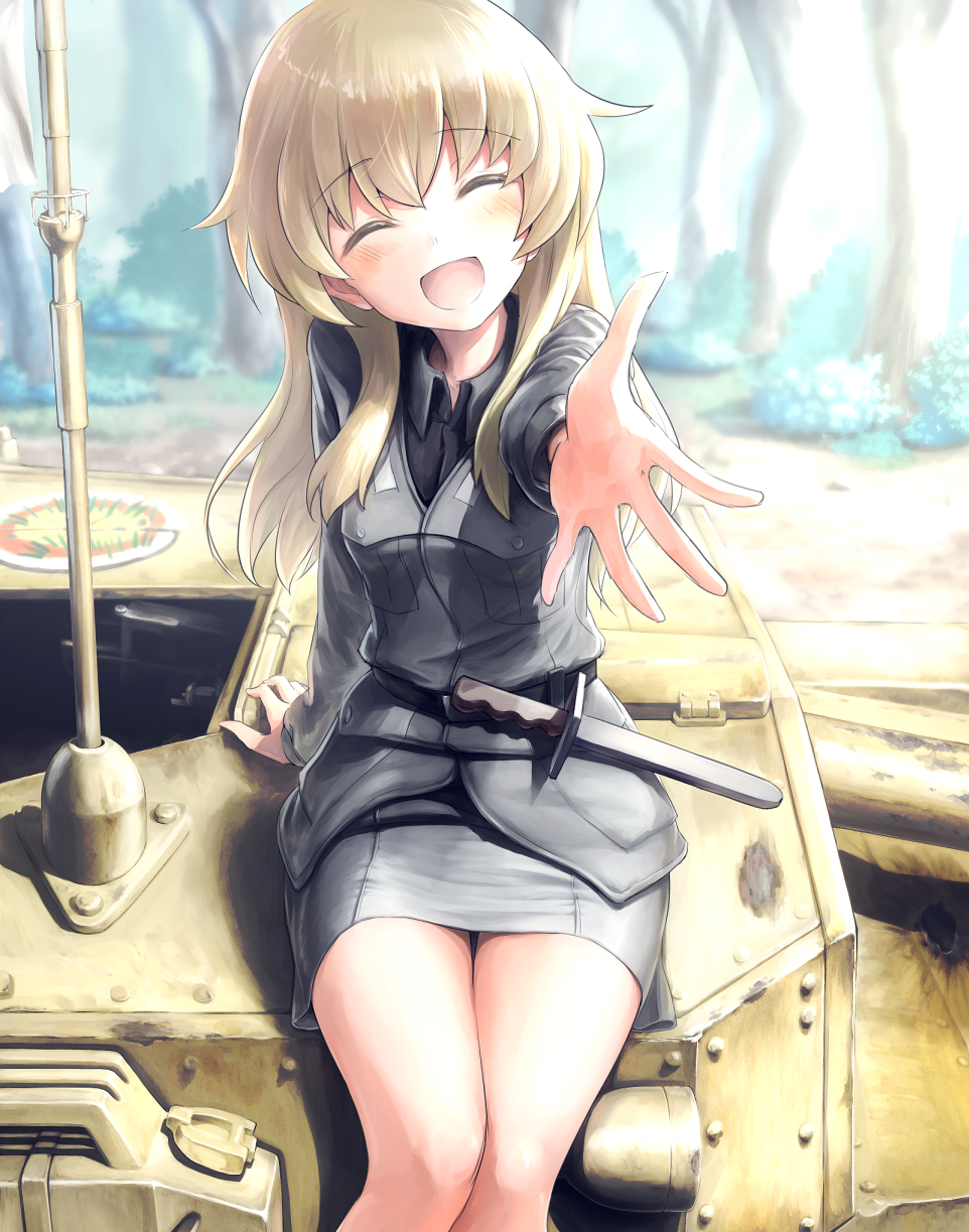 1girl ^_^ arm_support bangs belt black_shirt black_skirt blonde_hair blurry bush carpaccio closed_eyes collared_shirt depth_of_field dress_shirt eyebrows eyebrows_visible_through_hair girls_und_panzer highres hirosaki_yukito jacket long_hair long_sleeves military military_uniform military_vehicle miniskirt on_vehicle outdoors outstretched_arm palms pencil_skirt reaching semovente_75/18 shirt sitting skirt smile solo tank tree uniform vehicle