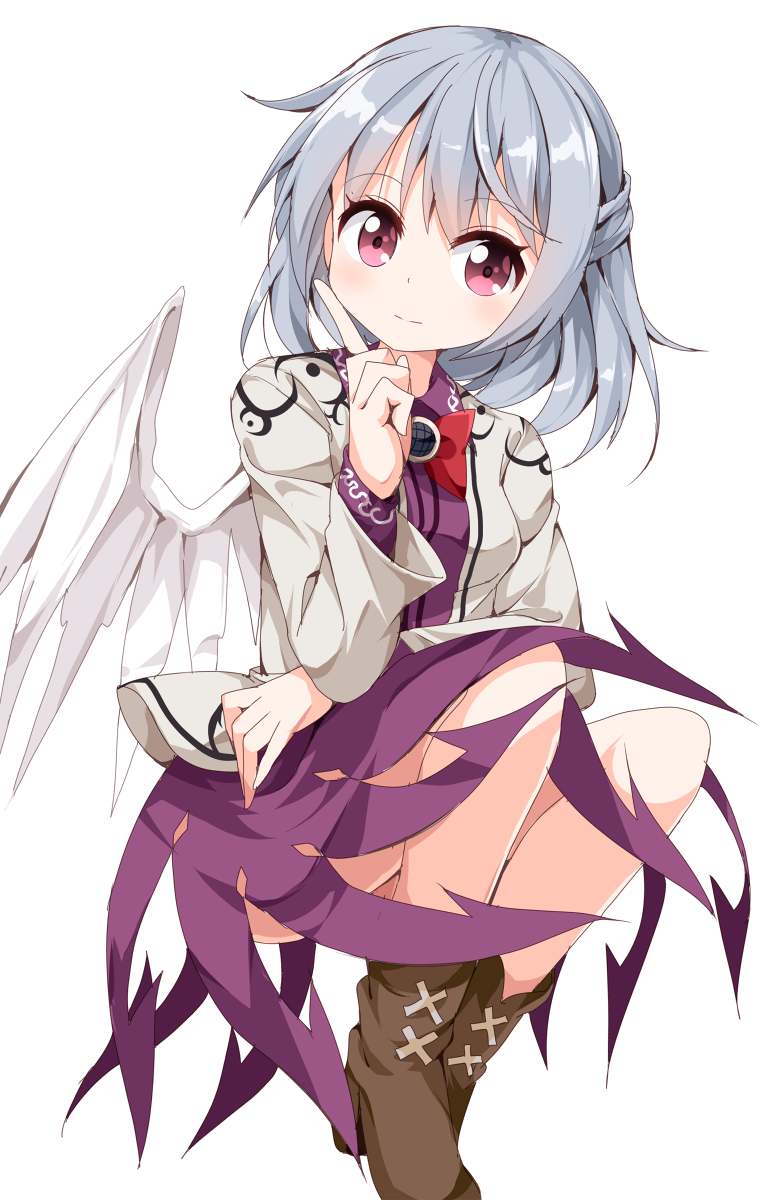 1girl bangs boots bow bowtie braid expressionless finger_to_cheek french_braid full_body highres jacket kishin_sagume long_sleeves looking_at_viewer pink_eyes ruu_(tksymkw) shiny shiny_hair short_hair silver_hair simple_background single_wing skirt skirt_set solo tareme touhou white_background white_wings wings