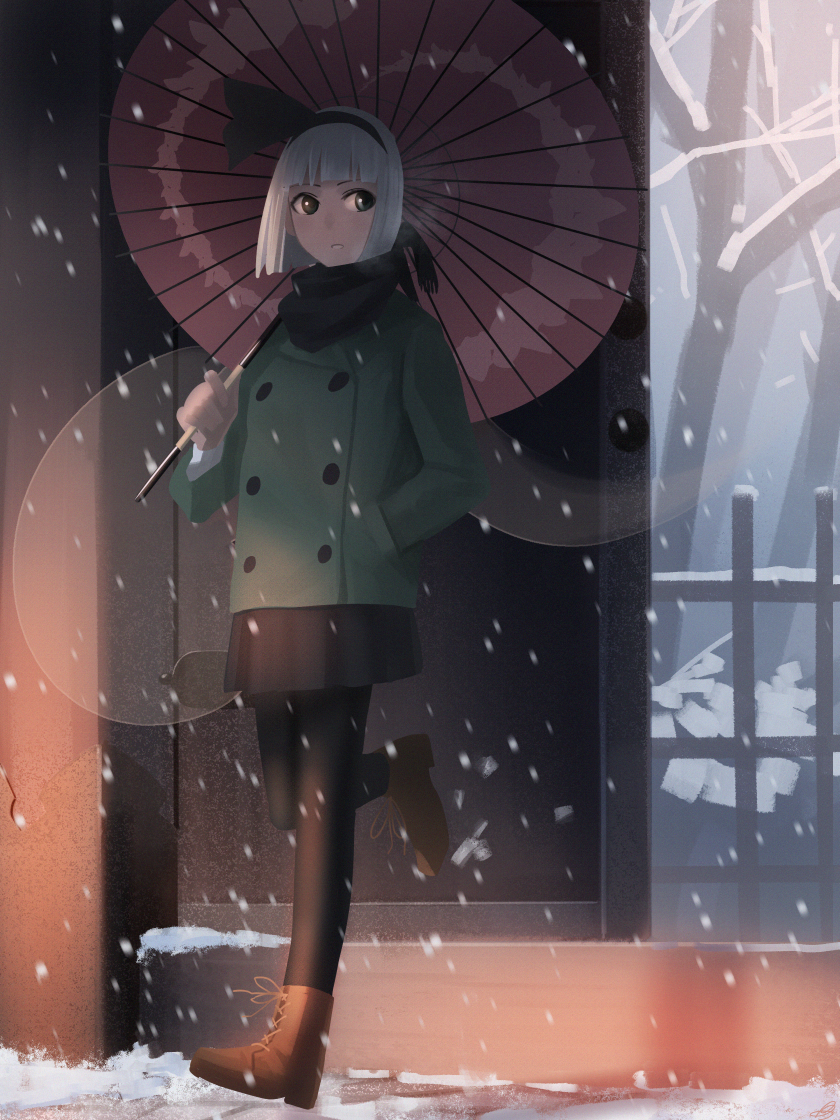 1girl alternate_costume amino_(tn7135) black_legwear boots breath coat contemporary cross-laced_footwear full_body hairband hand_in_pocket hitodama konpaku_youmu konpaku_youmu_(ghost) lace-up_boots long_sleeves looking_to_the_side oriental_umbrella pantyhose parted_lips scarf short_hair silver_hair skirt snow snowing solo touhou umbrella