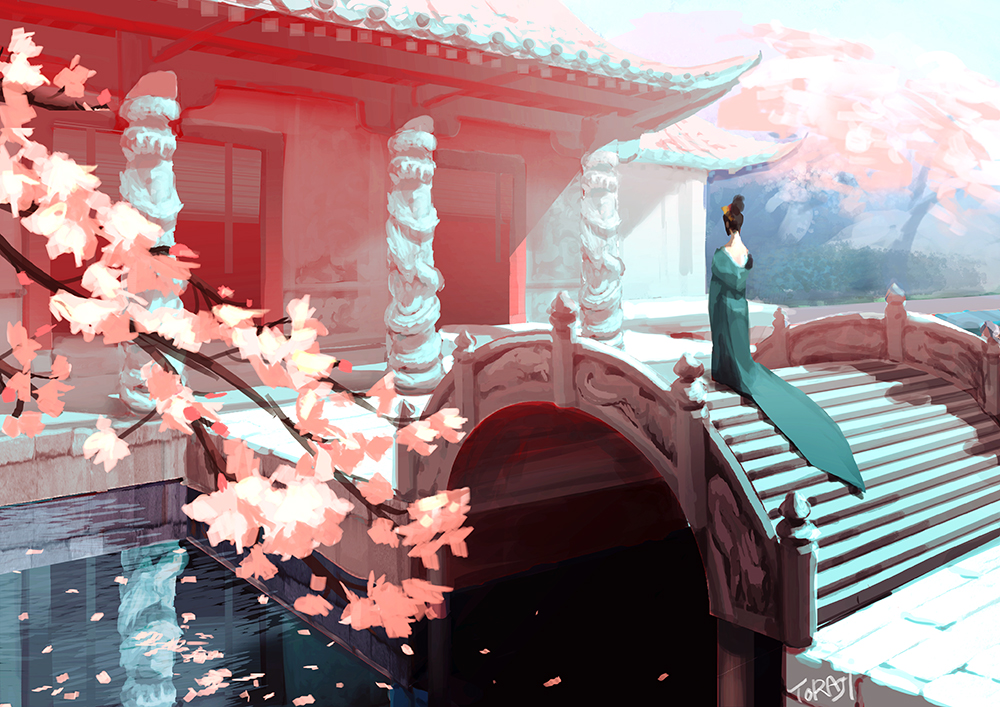 1girl architecture artist_name bridge building cherry_blossoms east_asian_architecture flower from_behind japanese_clothes kimono original outdoors petals reflection ripples scenery shrine solo stairs standing tagme toraji tree water