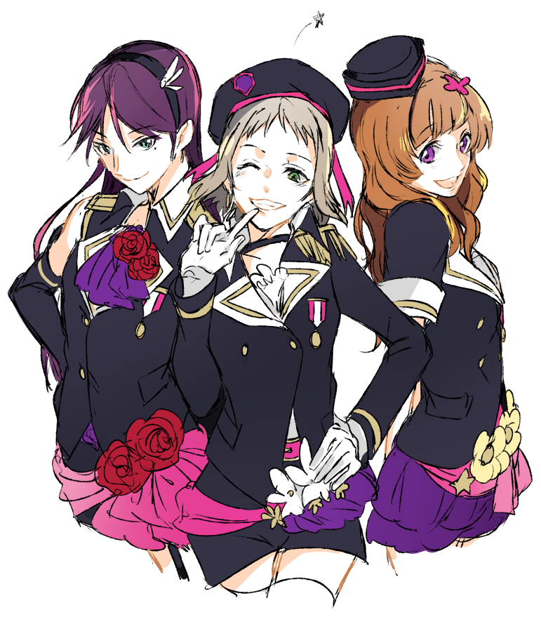 3girls a-rise brown_hair epaulettes flower gloves green_eyes grey_hair hair_ornament hairclip hat kira_tsubasa long_hair looking_at_viewer love_live!_school_idol_project multiple_girls one_eye_closed purple_hair rose shocking_party short_hair smile sofy star toudou_erena violet_eyes white_gloves yuuki_anju