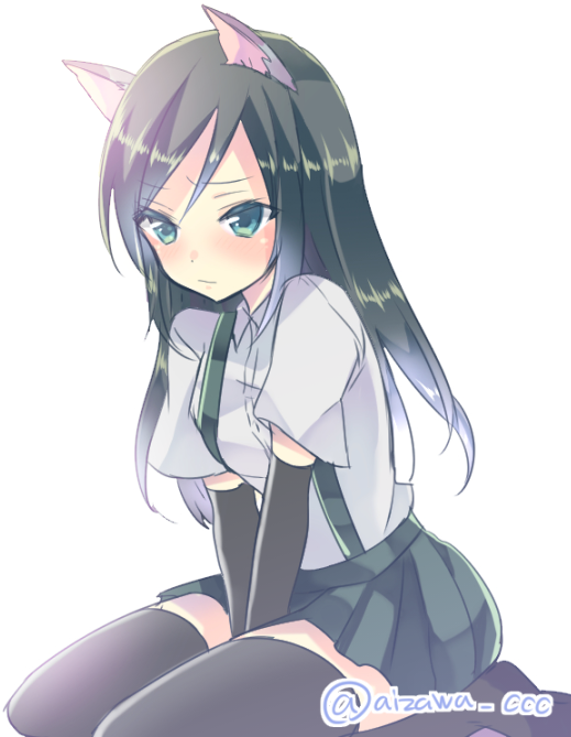 1girl animal_ears arm_warmers asashio_(kantai_collection) between_legs black_hair black_legwear blouse blush bright_background cat_ears chihiro_(oimo) green_eyes hand_between_legs kantai_collection kemonomimi_mode long_hair pleated_skirt school_uniform serafuku simple_background sitting skirt solo suspenders thigh-highs twitter_username v_arms wariza white_background white_blouse