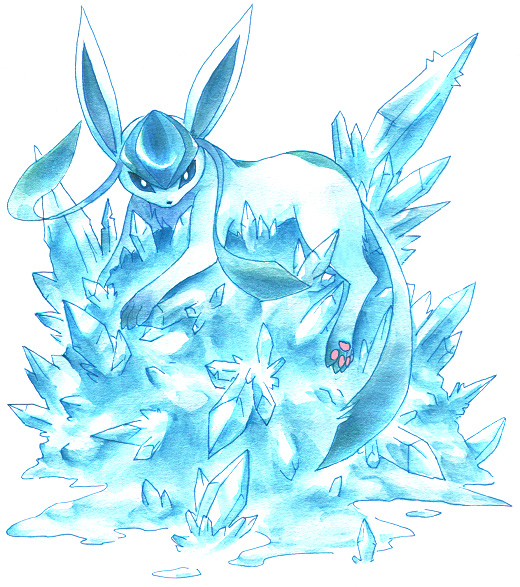 aqua blue_eyes commentary commentary_request creature gen_4_pokemon glaceon ibui_matsumoto ice looking_at_viewer lying marker_(medium) no_humans on_stomach pokemon pokemon_(creature) solo traditional_media watercolor_pencil_(medium) white_background