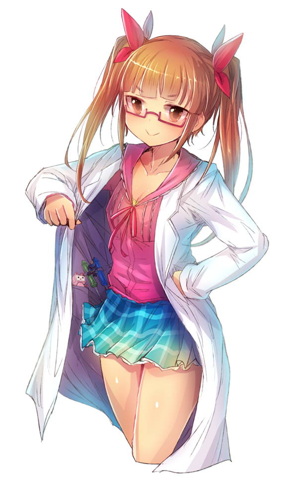 &gt;:&gt; 1girl bangs bare_legs blue_sky blunt_bangs blush breasts brown_eyes brown_hair character_request cleavage closed_mouth collar collarbone cowboy_shot cropped_legs eyebrows eyebrows_visible_through_hair glasses hair_ribbon idolmaster idolmaster_cinderella_girls kara_(color) labcoat long_sleeves open_clothes open_labcoat pink_shirt plaid plaid_skirt red-framed_glasses red_ribbon ribbon screwdriver semi-rimless_glasses shirt short_hair_with_long_locks sidelocks simple_background skirt sky smiley_face solo standing thighs tsurime twintails under-rim_glasses white_background