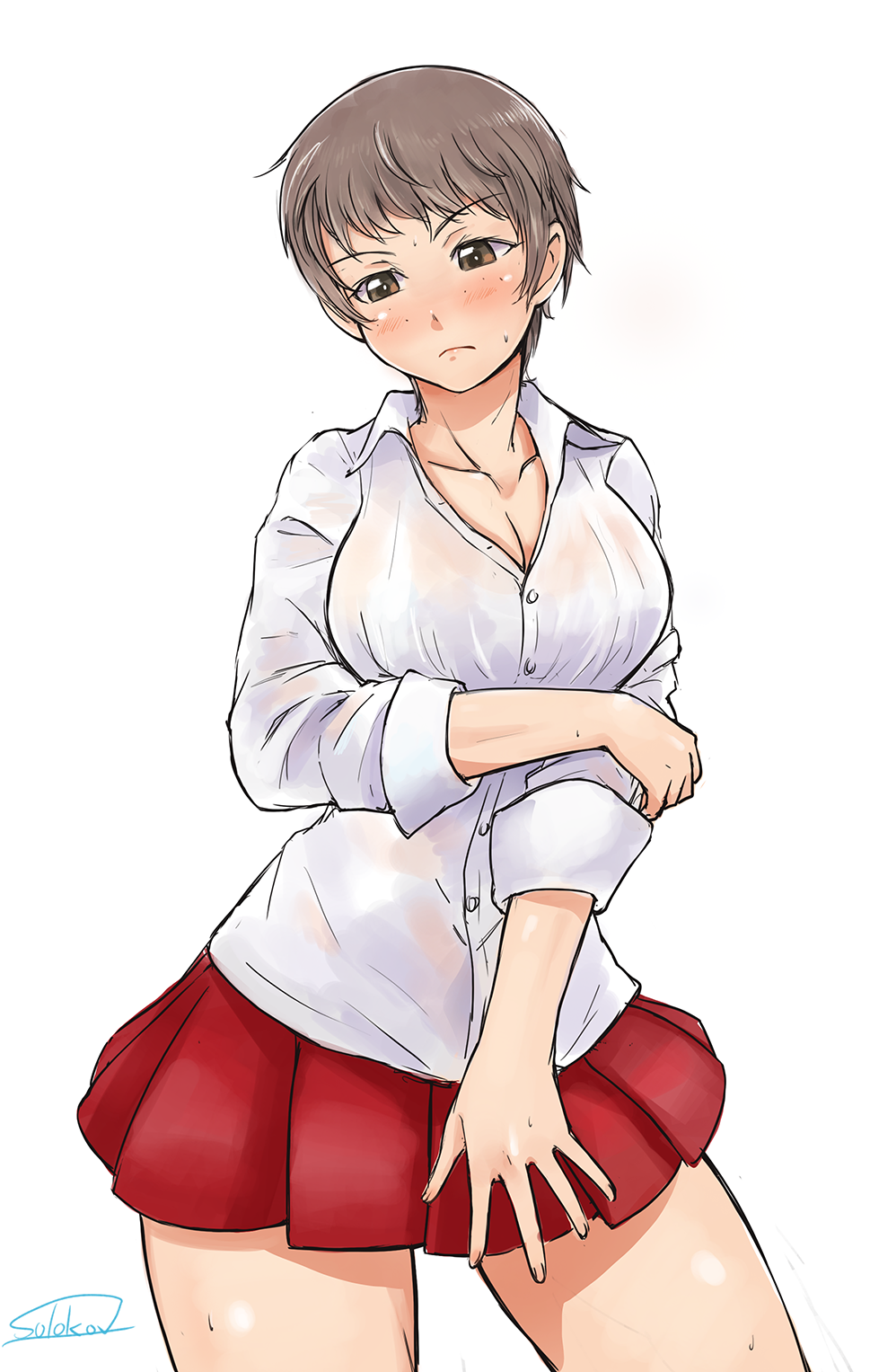 1girl artist_name blush breasts brown_eyes brown_hair cleavage dress_shirt freckles girls_und_panzer highres huge_breasts naomi_(girls_und_panzer) see-through shirt short_hair signature skirt sleeves_rolled_up solo solokov_(okb-999) thighs wet wet_clothes white_background white_shirt