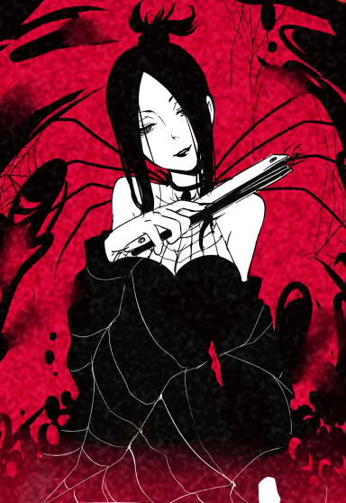 1girl arachne_(soul_eater) artist_check bare_shoulders black_hair breasts cleavage dress fan hair_bun long_hair monochrome shuri_(84k) silk smile solo soul_eater spider spider_web witch