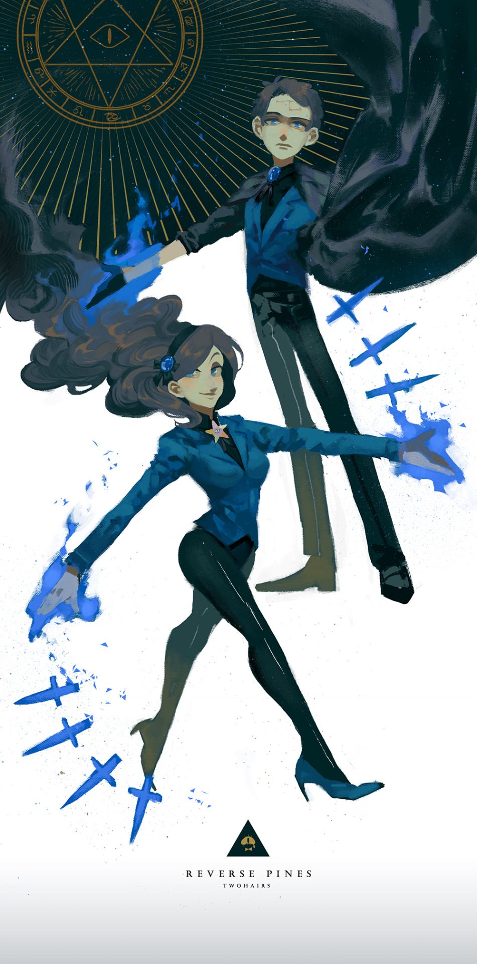 1boy 1girl artist_name bill_cipher black_gloves black_hair black_pants black_ribbon black_shirt blue_eyes blue_vest breasts brooch brother_and_sister brown_hair cape collared_shirt dark_persona dipper_pines dress_shirt eyes facial_mark floating_hair forehead_mark gem gloves gradient gradient_background gravity_falls hairband highres jacket jewelry knife long_hair long_sleeves looking_at_viewer mabel_pines magic magic_circle neck_ribbon outstretched_arm outstretched_arms pants pendant ribbon shirt siblings smile spread_arms standing star tears throwing_knife tight tight_pants triangle twins twohairs walking wavy_hair white_background