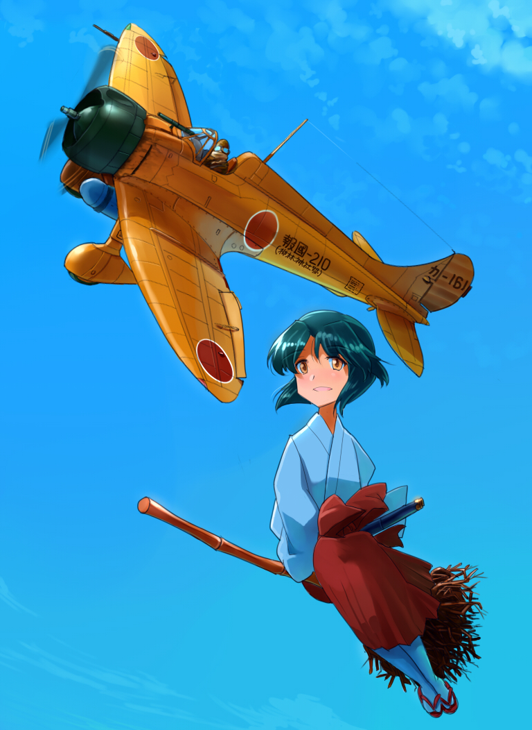 1boy 1girl a5m airplane black_hair broom broom_riding flying inui_(jt1116) japanese_clothes looking_at_another miko original riding short_hair sidesaddle tagme witch