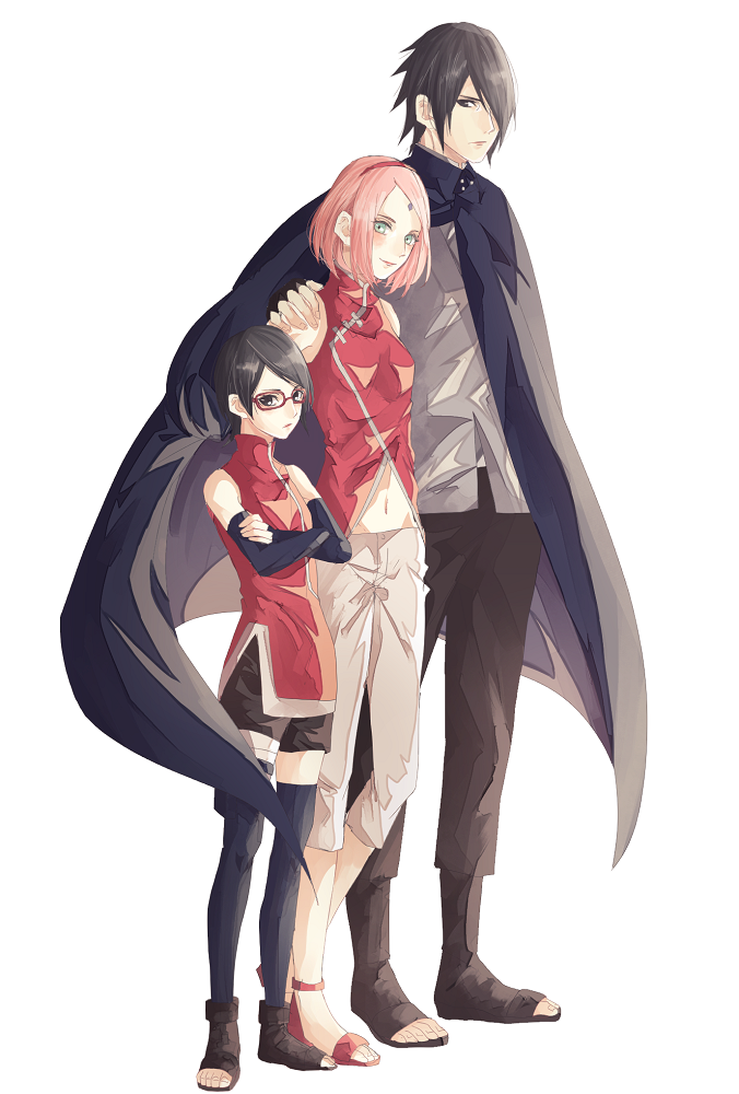 1boy 2girls black_eyes black_hair blush boruto:_naruto_the_movie cape crossed_arms elbow_gloves facial_mark family father_and_daughter fingerless_gloves forehead_mark glasses gloves green_eyes hairband hand_on_another's_shoulder haruno_sakura husband_and_wife mother_and_daughter multiple_girls naruto open_toe_shoes pink_hair red-framed_glasses shoes short_hair shorts szk_sssk thigh-highs uchiha_sarada uchiha_sasuke white_background