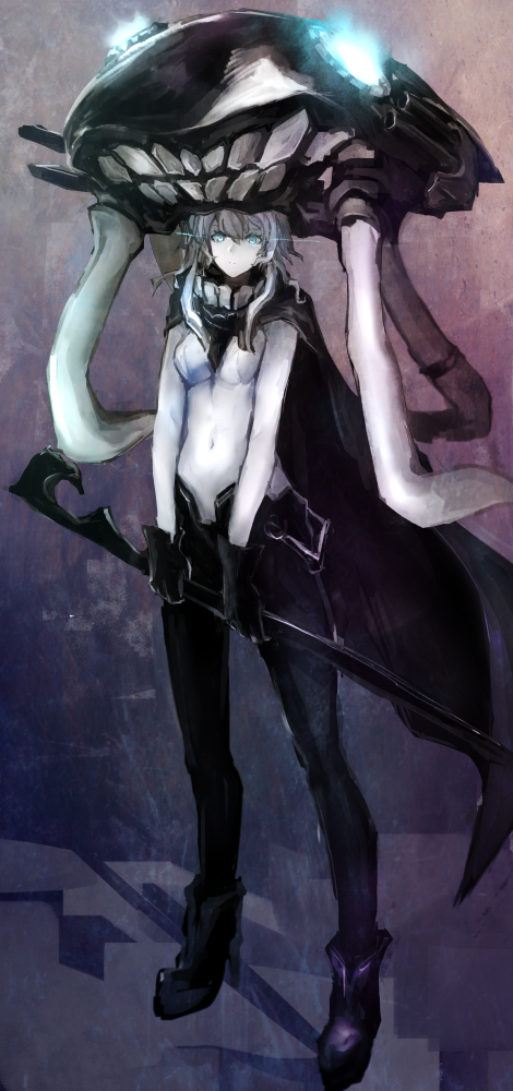 1girl aqua_eyes black_gloves blue_eyes bodysuit cane cape covered_navel full_body gloves glowing glowing_eyes hat headgear kantai_collection long_hair looking_at_viewer mouth pale_skin shinkaisei-kan short_hair short_hair_with_long_locks solo standing teeth tentacles weasel_(close-to-the-edge) white_hair white_skin wo-class_aircraft_carrier