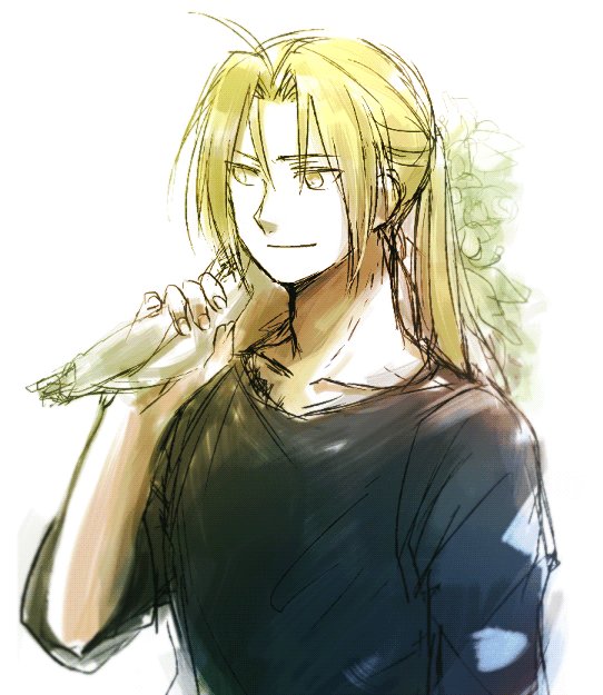 1boy black_shirt blonde_hair bouquet carrying carrying_over_shoulder edward_elric eyebrows_visible_through_hair fingernails flower fullmetal_alchemist happy long_hair long_sleeves looking_away male_focus ponytail shirt simple_background smile tsukuda0310 white_background yellow_eyes