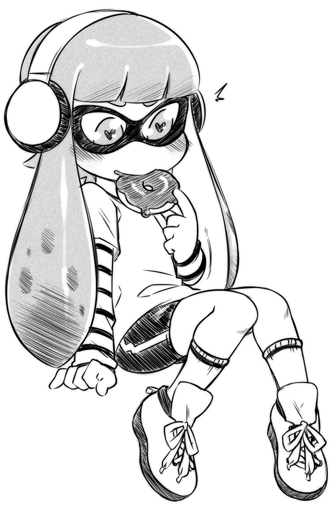 1girl artist_request bike_shorts blush commentary_request domino_mask doughnut eating eyebrows food food_in_mouth headphones heart heart-shaped_pupils inkling long_hair long_sleeves mask monochrome shoes sneakers splatoon symbol-shaped_pupils tentacle_hair thick_eyebrows