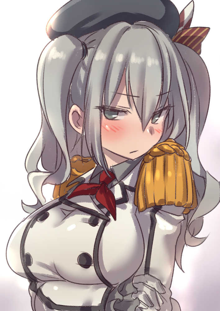 1girl blue_eyes breasts crossed_arms epaulettes hair_between_eyes kantai_collection kashima_(kantai_collection) large_breasts looking_at_viewer military military_uniform silver_hair solo try tsurime twintails uniform upper_body wavy_hair