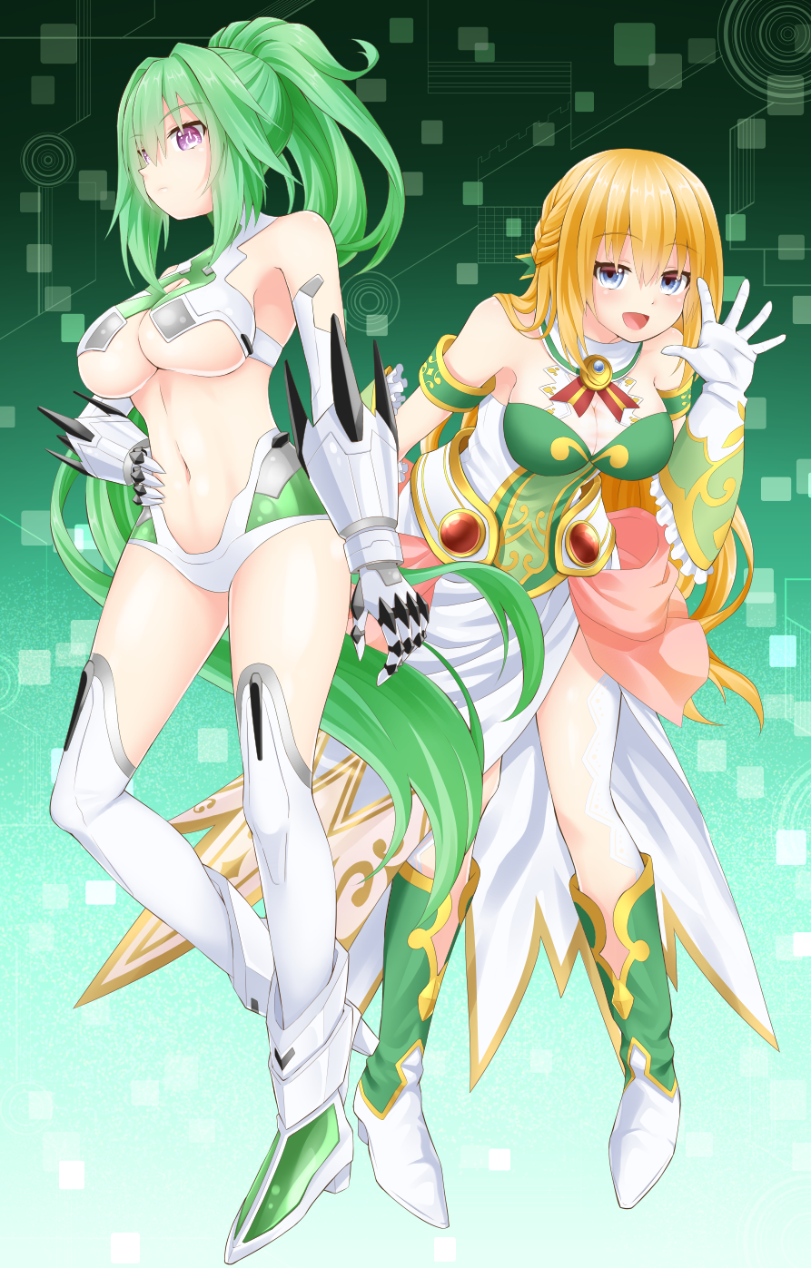 2girls :d armband bangs bare_shoulders blonde_hair blue_eyes boots braid breasts choujigen_game_neptune circle cleavage closed_mouth detached_sleeves dress eyebrows eyebrows_visible_through_hair frills frown full_body gloves gradient gradient_background green_background green_hair green_heart hair_intakes hair_ornament half_updo hand_on_hip highres large_breasts leaning_forward long_hair looking_at_viewer multiple_girls navel neptune_(series) oekakizuki open_mouth pish ponytail smile spread_fingers square stomach strapless symbol-shaped_pupils thigh-highs under_boob vert violet_eyes waving_arm white_gloves yellow_heart