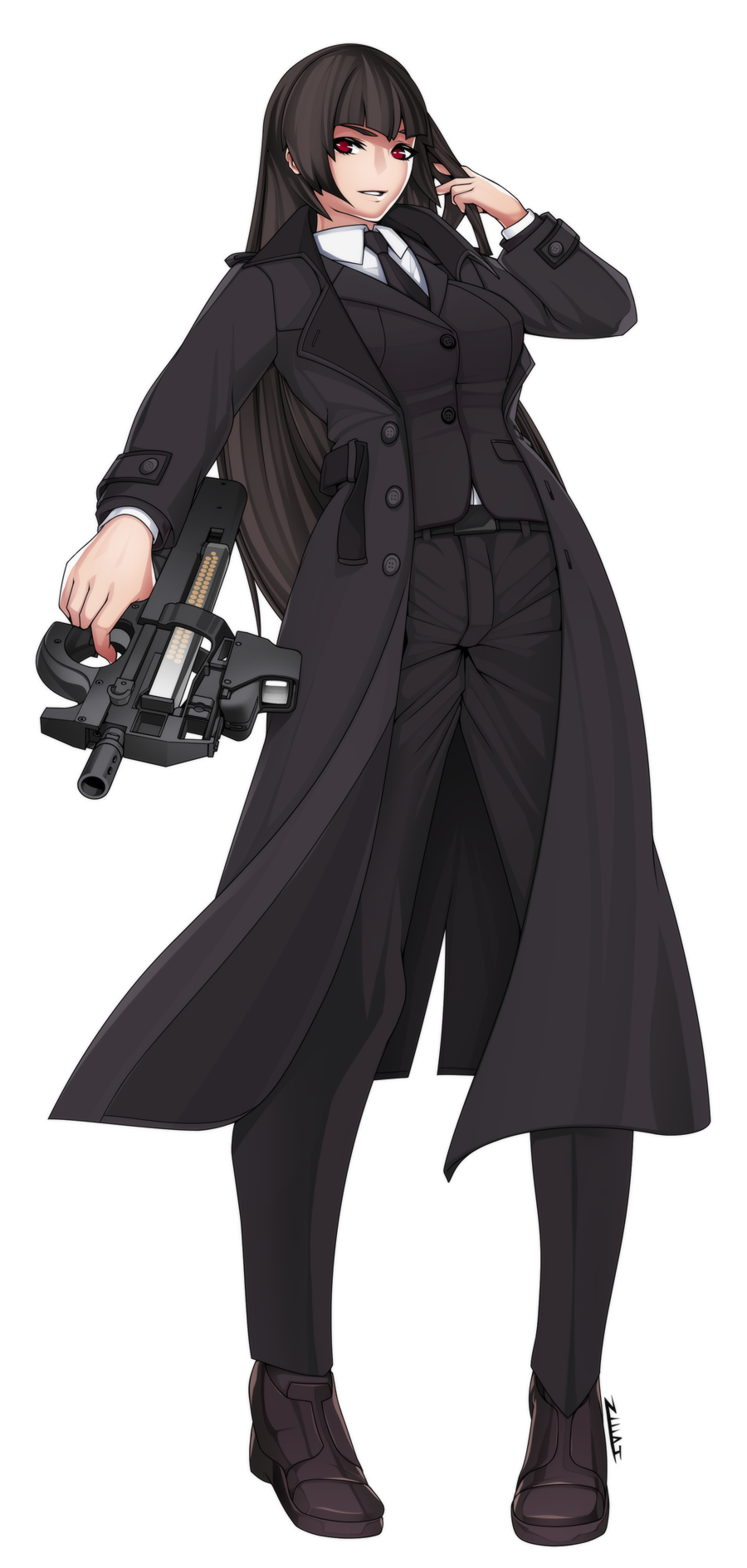 adjusting_hair ass_visible_through_thighs black_hair bullpup coat finger_on_trigger formal from_below gun high_heels highres long_hair miniskirt nephlite p90 parted_lips red_eyes simple_background skirt smile submachine_gun suit unbuttoned weapon white_background