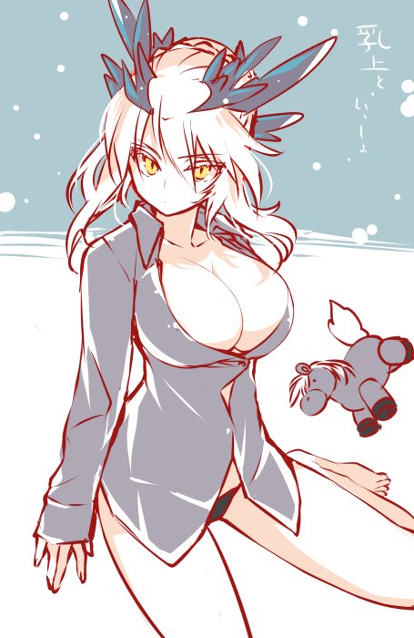 1girl artoria_pendragon_alter_(fate/grand_order) black_panties blonde_hair breasts cleavage dress_shirt fate/grand_order fate_(series) horns horse kettle21 large_breasts long_hair looking_at_viewer no_pants panties saber saber_alter shirt sitting solo stuffed_animal stuffed_toy underwear wariza yellow_eyes
