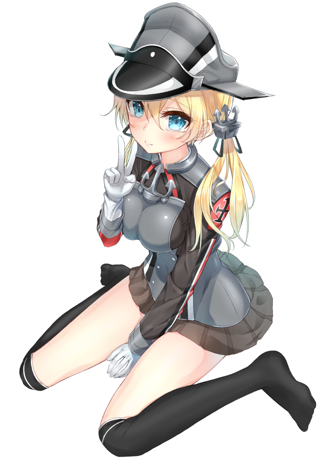 1girl anchor_choker anchor_hair_ornament between_legs black_legwear blonde_hair blush breasts brown_skirt buttons choker closed_mouth from_above full_body gloves green_eyes grey_hat hair_between_eyes hair_ornament hakuishi_aoi hand_between_legs hand_gesture hat iron_cross kantai_collection large_breasts legs_apart lips long_sleeves military military_uniform miniskirt over-kneehighs peaked_cap pleated_skirt prinz_eugen_(kantai_collection) short_hair_with_long_locks simple_background sitting skin_tight skirt smile solo thigh-highs thighs twintails uniform v wariza white_background white_gloves
