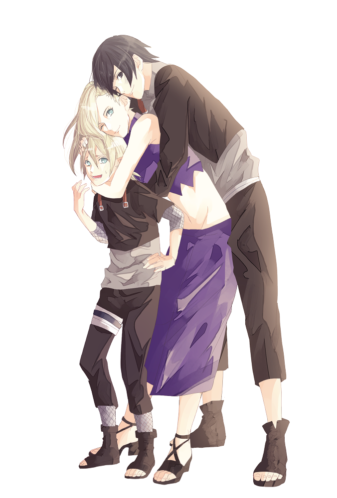 1girl 2boys black_eyes black_hair blonde_hair blue_eyes boruto:_naruto_the_movie family father_and_son fishnets hug hug_from_behind husband_and_wife long_hair long_skirt midriff mother_and_son multiple_boys naruto one_eye_closed open_toe_shoes ponytail sai_(naruto) sandals shoes skirt sweatdrop szk_sssk white_background yamanaka_ino yamanaka_inojin