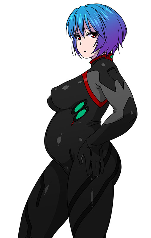 1girl ayanami_rei blue_hair bodysuit breasts evangelion:_3.0_you_can_(not)_redo jinroku looking_at_viewer neon_genesis_evangelion plugsuit pregnant rebuild_of_evangelion red_eyes short_hair simple_background solo thighs white_background
