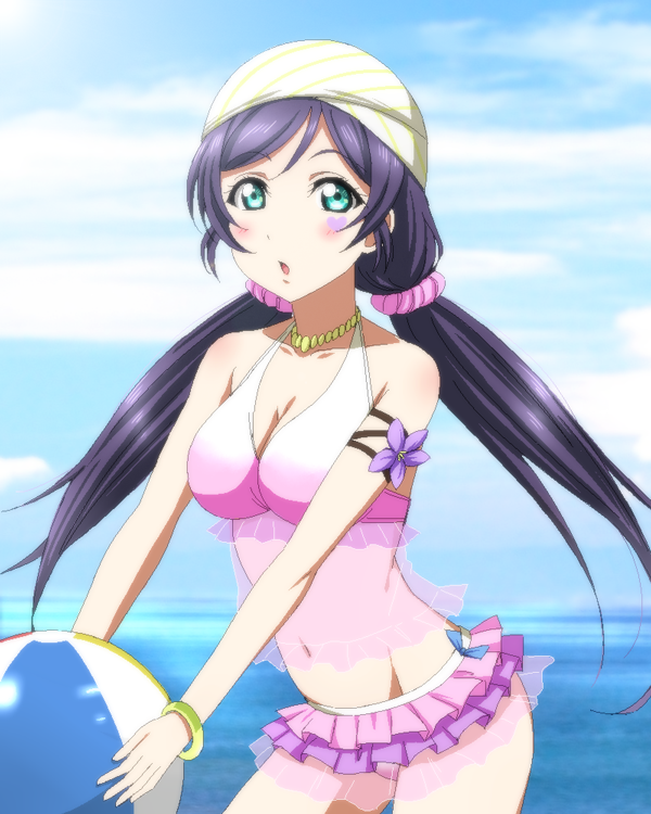 1girl :o armlet ball bare_shoulders beachball bikini bikini_skirt blush bracelet breasts cleavage clouds cloudy_sky collarbone contrapposto cowboy_shot facepaint flower green_eyes hair_ornament hair_scrunchie holding_ball jewelry kazuma_(theworld000021) layered_skirt long_hair looking_at_viewer love_live!_school_idol_project low_twintails midriff navel necklace ocean open_mouth outdoors outstretched_arms pink_skirt scrunchie see-through skirt sky solo standing stomach swim_cap swimsuit tareme thighs toujou_nozomi twintails very_long_hair water